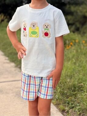 Kids White Puppy Appliqué Matching Set